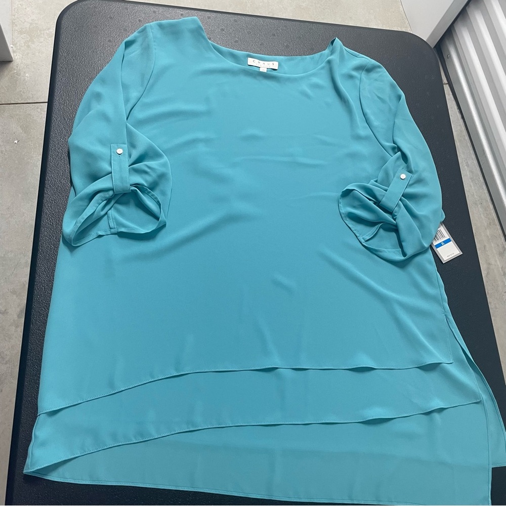 Chaus New York XL Lightweight Layered Roll-Sleeve Blouse - Teal NWT